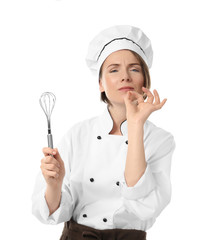 Sticker - Female chef with whisk on white background