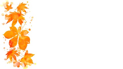 Wall Mural - Border of colorful orange red autumn leaves and abstract hand painted watercolor blots on copy space white background. May be used for vertical or horizontal design.