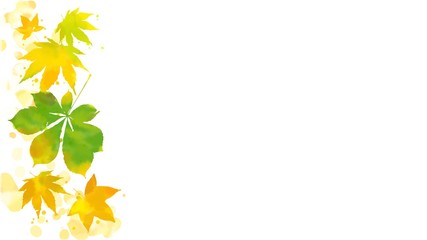 Wall Mural - Frame of colorful yellow green autumn leaves and abstract blurred watercolor paint spots on copy space white background. May be used for vertical or horizontal design.