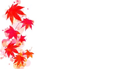 frame of crimson red autumn maple leaves and abstract blurred watercolor splashes on copy space whit