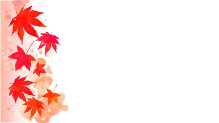 Wall Mural - Border of vibrant orange and red autumn maple leaves and abstract wet watercolor stains on copy space white background. Digital painting may be used for vertical or horizontal design.