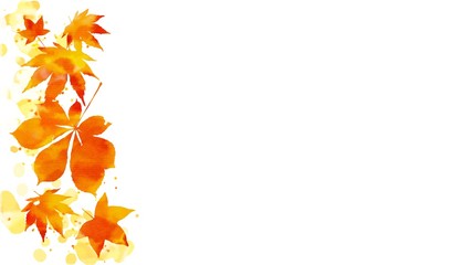 Wall Mural - Border of vibrant orange and red autumn foliage on abstract watercolor stains with copy space white background. Digital art painting may be used for vertical or horizontal design.
