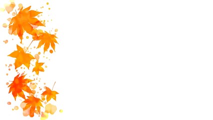 border of colorful orange and red autumn maple leaves and abstract wet watercolor paint blots on cop
