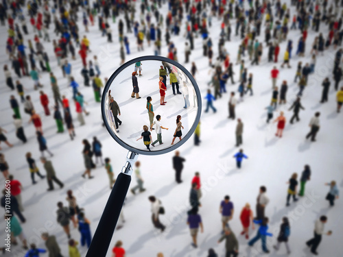 Cuadros en Lienzo Magnifying glass on a large group of people. 3D Rendering