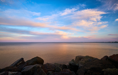 Golden Pink Sunset and Rock at lake Walk Duluth MN