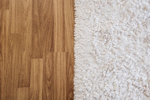 Close-up Luxury White Carpet On Laminate Wood Floor In Living Room, Interior Decoration