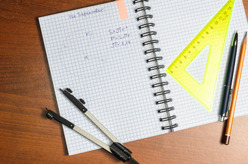 School notebook, formulas, rulers, compasses