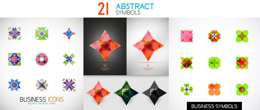 Collection of color bright abstract geometric symbols, symmetric vector icons