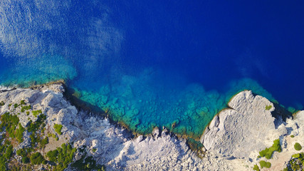 August 2017: Aerial drone photo of famous beach of Ladiko near iconic Anthony Quinn Bay, Rodos island, Aegean, Dodecanese, Greece