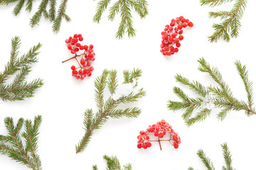 Wall Mural - Christmas background. Fir branches isolated on white background. Christmas tree. Christmas toys, snow, fir, rowan in frost, top view. Composition of fir branches, pattern. Christmas frame.