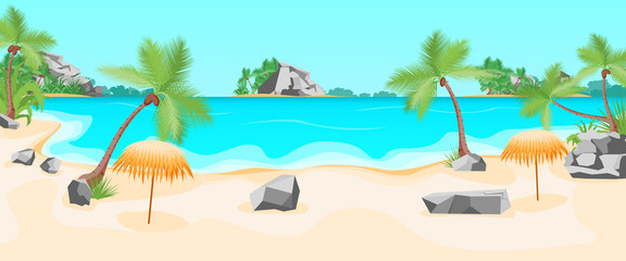 Poster - Cartoon Tropical Beach Summer Landscape Background. Vector