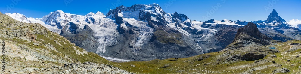 Gornergrat glacier, Monte Rosa, Lyskamm, Breithorn and Matterhorn, Swiss Alps, Switzerland - obrazy, fototapety, plakaty 