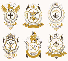 Set Of Luxury Heraldic Vector Templates. Collection Of Vector Symbolic Blazons Made Using Graphic Elements, Royal Crowns, Medieval Castles, Armory And Religious Crosses.