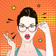 Pop Art Surprised Woman Face With Open Mouth In Glasses. . Vector Illustration.