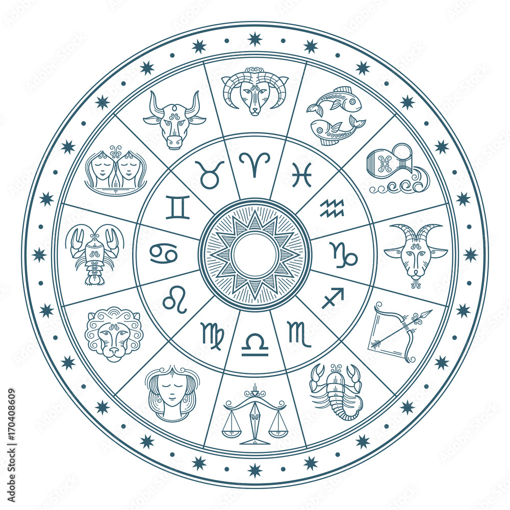 Astrology horoscope circle with zodiac signs vector background - obrazy, fototapety, plakaty 