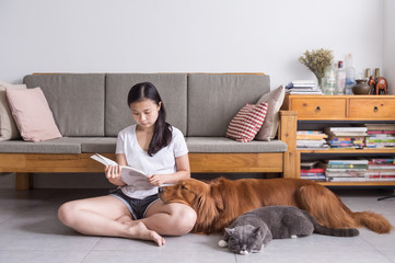 Wall Mural - Girl and cat and dog