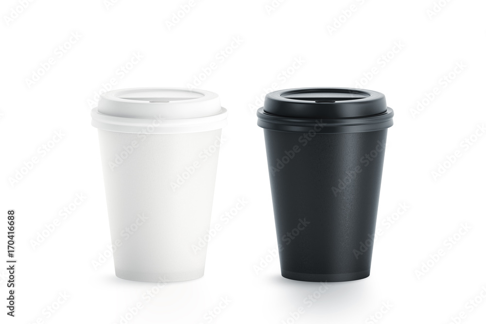 Blank black and white disposable paper cup with plastic lid mock up isolated, 3d rendering. Empty polystyrene coffee drinking mug mockup front view. Clear plain tea take away package - obrazy, fototapety, plakaty 