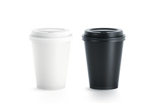 Blank Black And White Disposable Paper Cup With Plastic Lid Mock Up Isolated, 3d Rendering. Empty Polystyrene Coffee Drinking Mug Mockup Front View. Clear Plain Tea Take Away Package