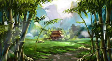 Wall Mural - Bamboo Forest. The House, The Mountain. Video Game's Digital CG Artwork, Colorful Concept Illustration, Realistic Cartoon Style Background
