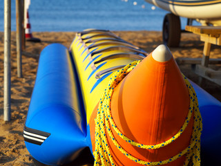 empty banana boat on beach at early morning