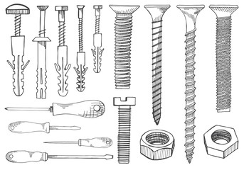 Wall Mural - Set of tools and fasteners. Screwdriver, wrench, spanner, hex key, screw, rawlplug, nail expansion anchor, nut. Hand drawn illustration in vector sketch style.