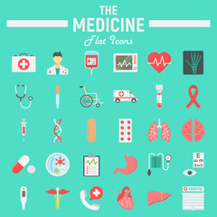 Medicine flat icon set, medical symbols collection, healthcare vector sketches, logo illustrations, anatomy signs colorful solid pictograms package isolated on cyan background, eps 10.