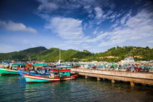 Traditional Colorful Vietnamese Fishing Boats In The Main Port Of Nam Du Islands, Kien Giang, Vietnam. Nam Du Has Become A Popular Tourist Attraction, But Foreigner Are Only Allowed In With A Permit.