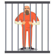 Prisoner Man In Pokey Vector. Outlaw Robber Arrested And Locked. Cartoon Character Illustration