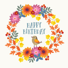 Cute Hand Drawn Autumn Birthday Greeting Card, Invitation With Bird And Wreath Made Of Mums Flowers And Colorful Maple And Oak Leaves. Fall Season Concept. Isolated Vector Illustration.