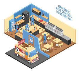 Wall Mural - Pest Control In Cafe Isometric Illustration