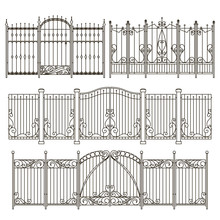 Iron Gate And Fence Design With Different Decorative Elements. Vector Illustrations