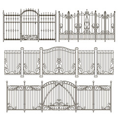 Wall Mural - iron gate and fence design with different decorative elements. vector illustrations