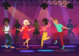 Young multi ethic people couples dancing in colorful spotlights at disco club night party. Cartoon vector illustration.