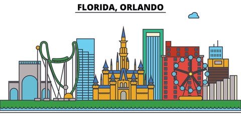 Wall Mural - Florida, Orlando.City skyline: architecture, buildings, streets, silhouette, landscape, panorama, landmarks. Editable strokes. Flat design line vector illustration concept. Isolated icons