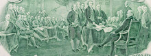 Close-up Of Signing Declaration Of Independence On Two Dollar Banknote. United States, Macro