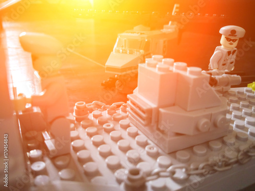 Ufa, Russia - 5 September 2017: two soldiers mini LEGO characters, a helicopt...