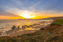 Sunset Landscape And Cliffs On Tennyson Down On The Isle Of Wight, Off The South Coast Of The United Kingdom.