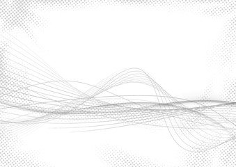 Wall Mural - Modern abstract striped swoosh futuristic mild grey lines over white dotted halftone background. Elegant smooth speed gray wave stream