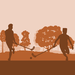 Wall Mural - Floorball player in park with hockey stick and ball in sunset and in front of trees vector