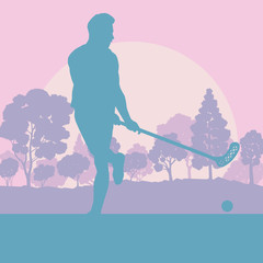 Wall Mural - Floorball player in park with hockey stick and ball in sunset and in front of trees vector