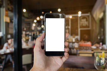 Close up of a man holding smartphone with blank screen mobile. Graphic display montage.