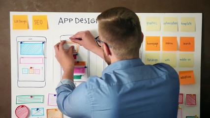 UX specialist designing new application layout on whiteboard
