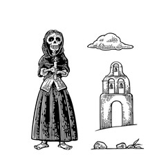 Day of the Dead, Dia de los Muertos . The skeleton in the Mexican national costumes dance, sing and play the guitar, violin, trumpet