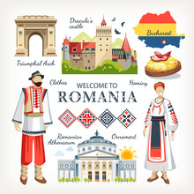 Romania Collection Of Traditional Objects Symbols Of Country Architecture Food Clothes