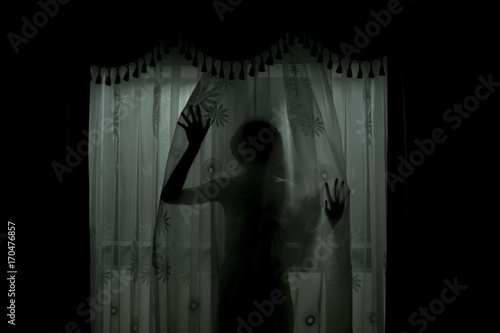 Scary Human Body Silhouette Woman Front Of Window Behind The Black