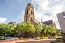 Morning view on the famous saint Laurens church in Rotterdam city