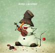 Holiday greeting card with snowman playing  violin for  Joyful Christmas . 