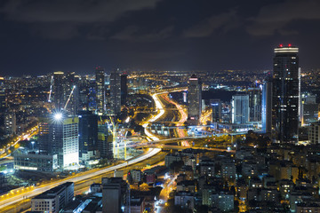 Wall Mural - Tel Aviv Skyline At Night, Skyscraper and Ayalon Freeway