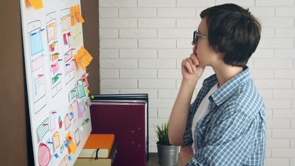 Frustrated and stressed female UX designer struggle for new project ideas banging his head standing at whiteboard in the office