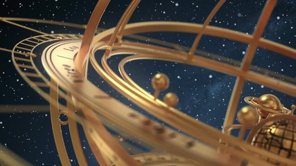 armillary sphere on background of starburst. 3d animation. seamless looped.
